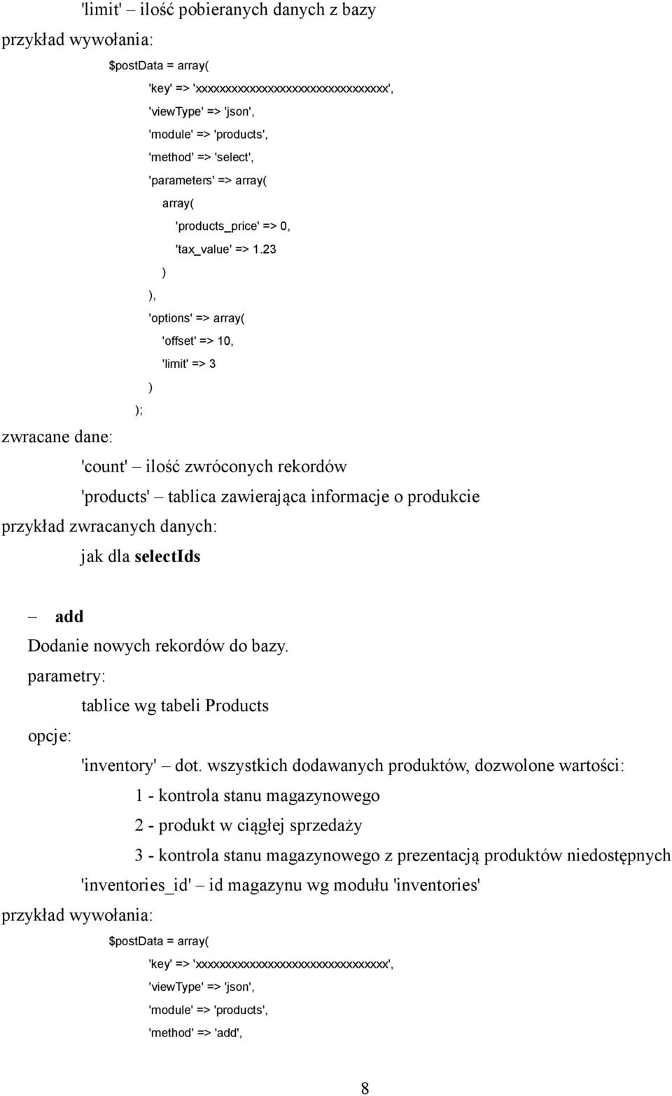 Dodanie nowych rekordów do bazy. tablice wg tabeli Products opcje: 'inventory' dot.