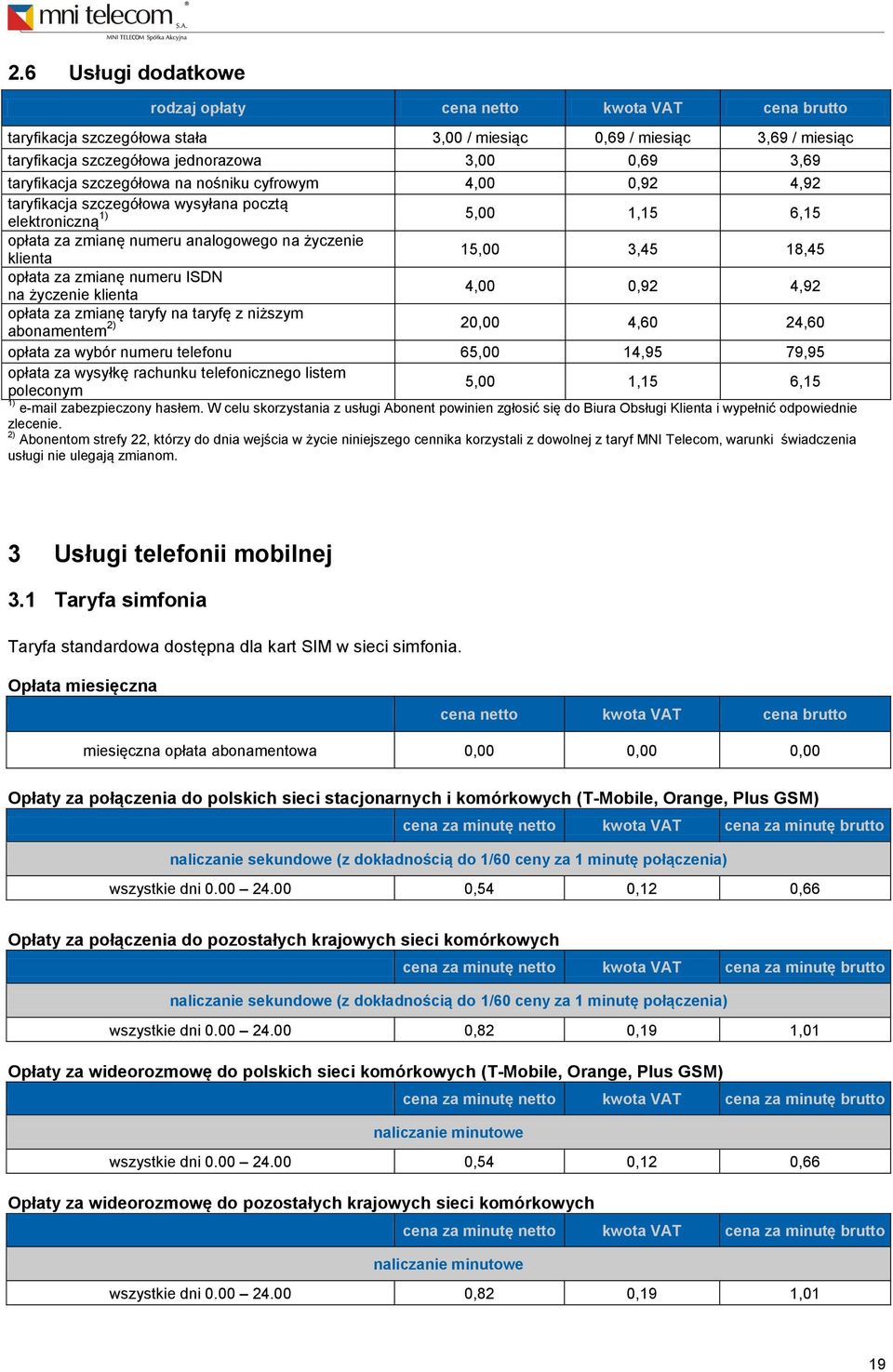 numeru ISDN na życzenie klienta 4,00 0,92 4,92 opłata za zmianę taryfy na taryfę z niższym 2) abonamentem 20,00 4,60 24,60 opłata za wybór numeru telefonu 65,00 14,95 79,95 opłata za wysyłkę rachunku