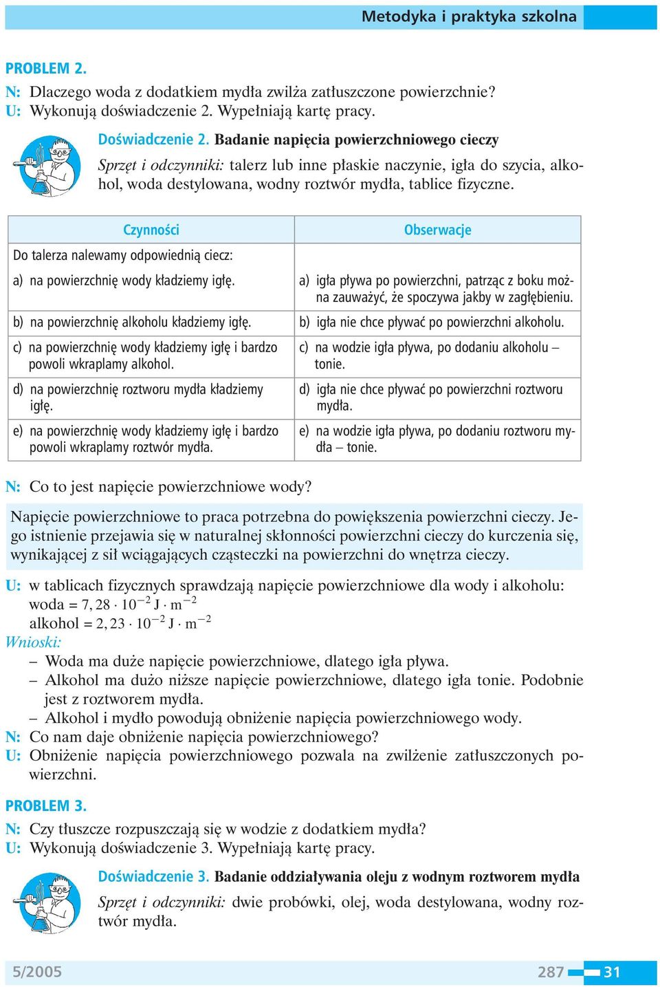 Do talerza nalewamy odpowiednià ciecz: a) na powierzchni wody k adziemy ig. b) na powierzchni alkoholu k adziemy ig. c) na powierzchni wody k adziemy ig i bardzo powoli wkraplamy alkohol.