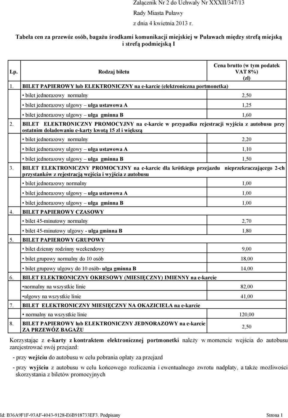 BILET PAPIEROWY lub ELEKTRONICZNY na e-karcie (elektroniczna portmonetka) Cena brutto (w tym podatek VAT 8%) (zł) bilet jednorazowy normalny 2,50 bilet jednorazowy ulgowy ulga ustawowa A 1,25 bilet