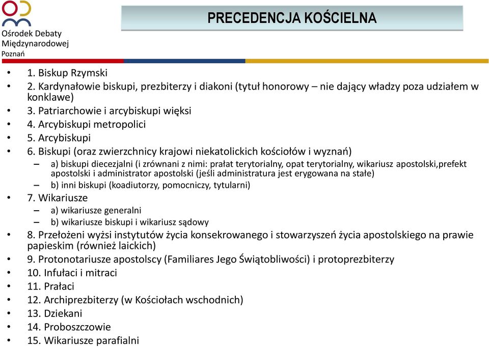 Biskupi (oraz zwierzchnicy krajowi niekatolickich kościołów i wyznań) a) biskupi diecezjalni (i zrównani z nimi: prałat terytorialny, opat terytorialny, wikariusz apostolski,prefekt apostolski i