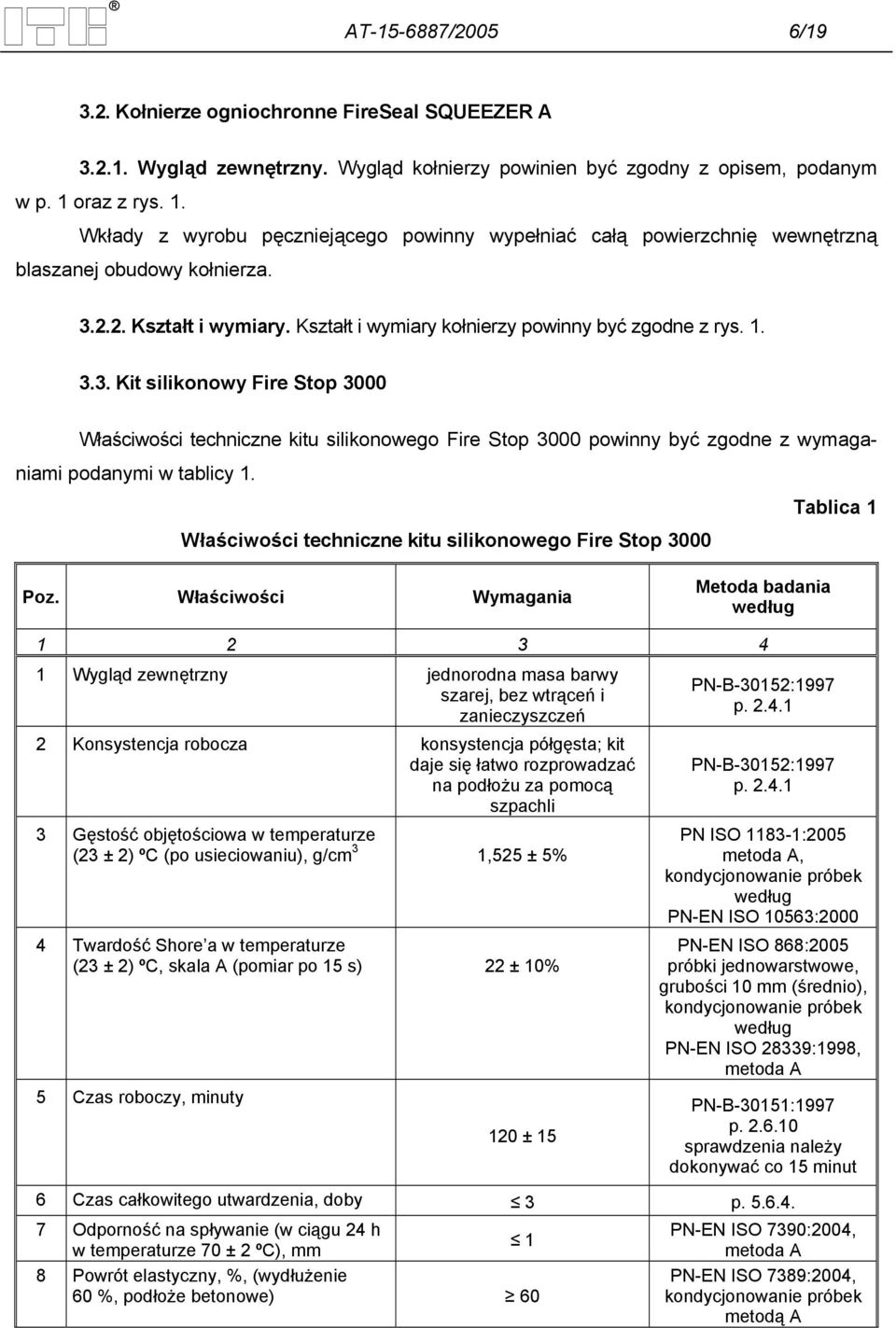 1. 3.3. Kit silikonowy Fire Stop 3000 Właściwości techniczne kitu silikonowego Fire Stop 3000 powinny być zgodne z wymaganiami podanymi w tablicy 1.