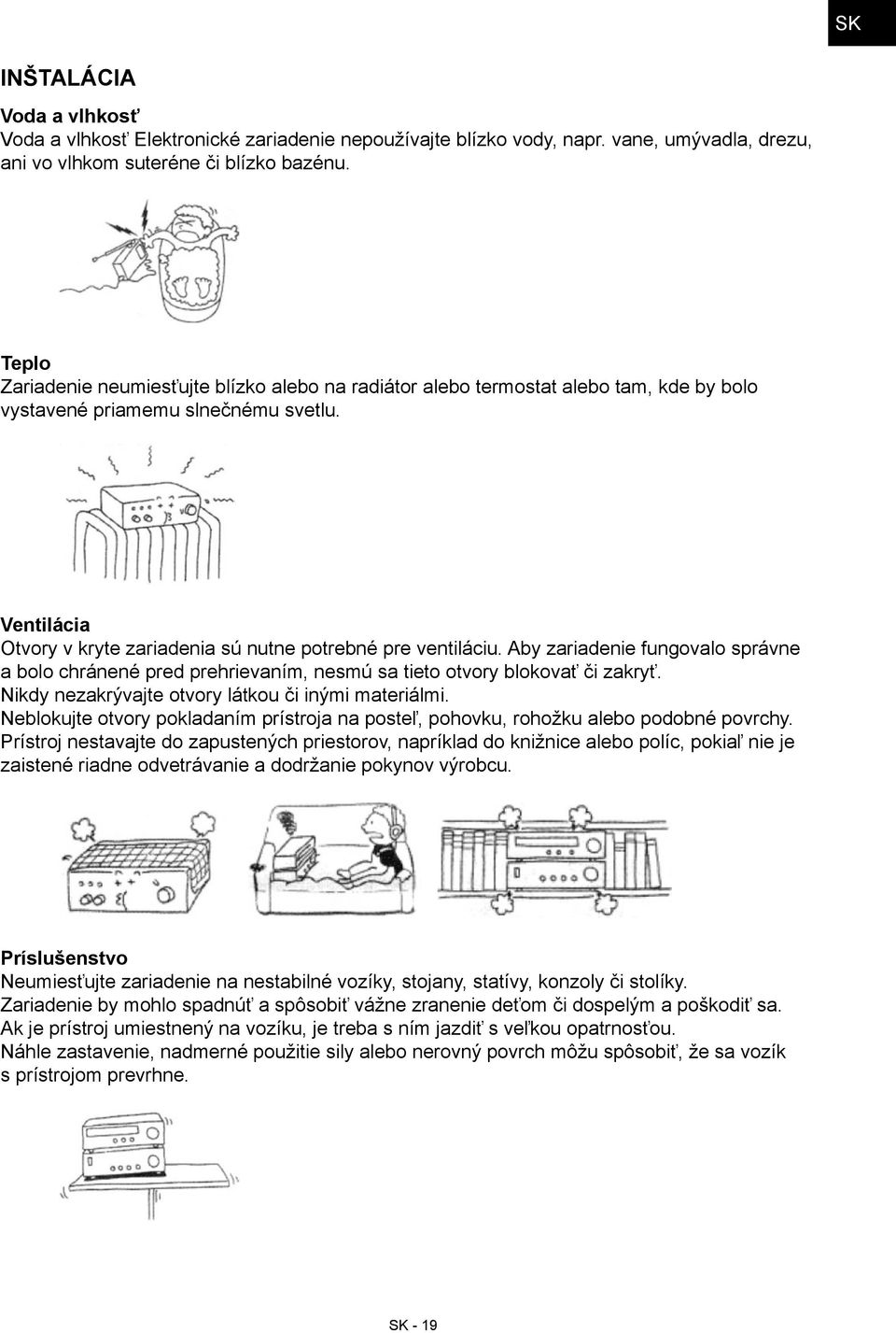 Ventilácia Otvory v kryte zariadenia sú nutne potrebné pre ventiláciu. Aby zariadenie fungovalo správne a bolo chránené pred prehrievaním, nesmú sa tieto otvory blokovať či zakryť.