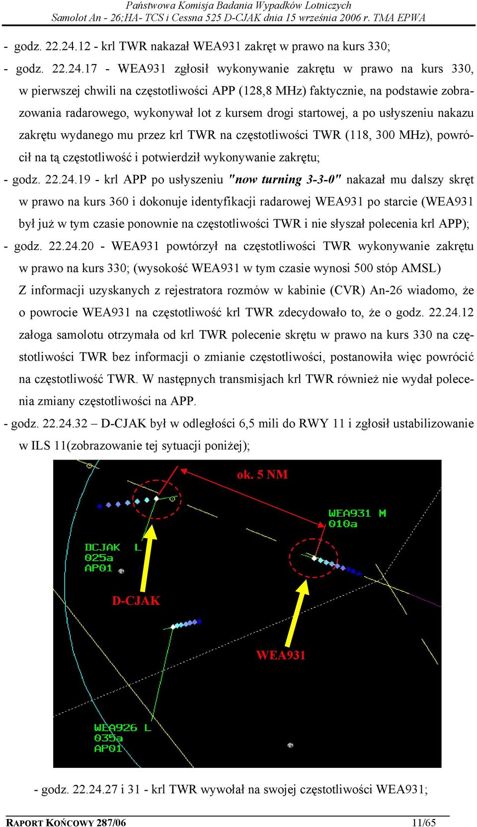 zobrazowania radarowego, wykonywał lot z kursem drogi startowej, a po usłyszeniu nakazu zakrętu wydanego mu przez krl TWR na częstotliwości TWR (118, 300 MHz), powrócił na tą częstotliwość i