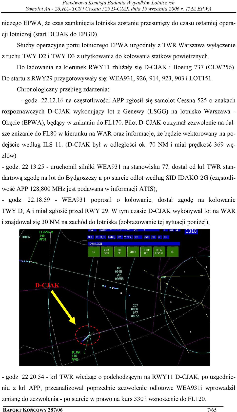 Do lądowania na kierunek RWY11 zbliżały się D-CJAK i Boeing 737 (CLW256). Do startu z RWY29 przygotowywały się: WEA931, 926, 914, 923, 903 i LOT151. Chronologiczny przebieg zdarzenia: - godz. 22.12.