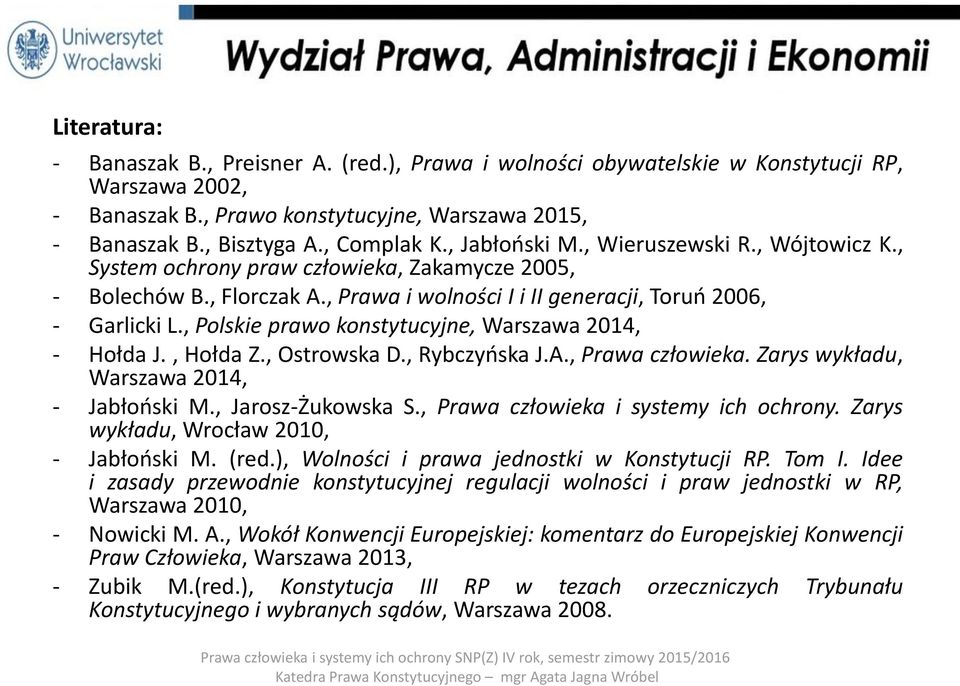 , Polskie prawo konstytucyjne, Warszawa 2014, - Hołda J., Hołda Z., Ostrowska D., Rybczyńska J.A., Prawa człowieka. Zarys wykładu, Warszawa 2014, - Jabłoński M., Jarosz-Żukowska S.