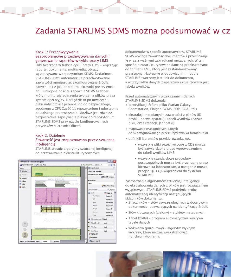 Dodatkowo STARLIMS SDMS automatyzuje przechwytywanie zawartości monitorując skonfigurowane źródła danych, takie jak: aparatura, skrzynki poczty email, itd.