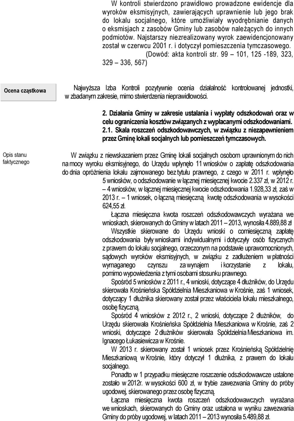 99 101, 125-189, 323, 329 336, 567) Ocena cząstkowa Najwyższa Izba Kontroli pozytywnie ocenia działalność kontrolowanej jednostki, w zbadanym zakresie, mimo stwierdzenia nieprawidłowości. 2.