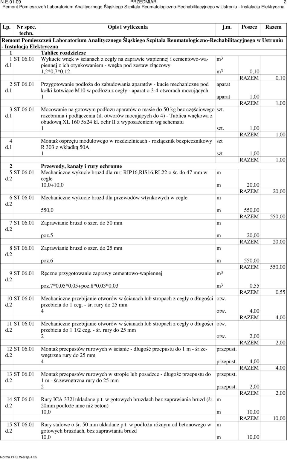 01 Przygotowanie podłoŝa do zabudowania aparatów - kucie mechaniczne pod aparat kołki kotwiące M10 w podłoŝu z cegły - aparat o 3-4 otworach mocujących 1 aparat 1,00 3 ST 06.