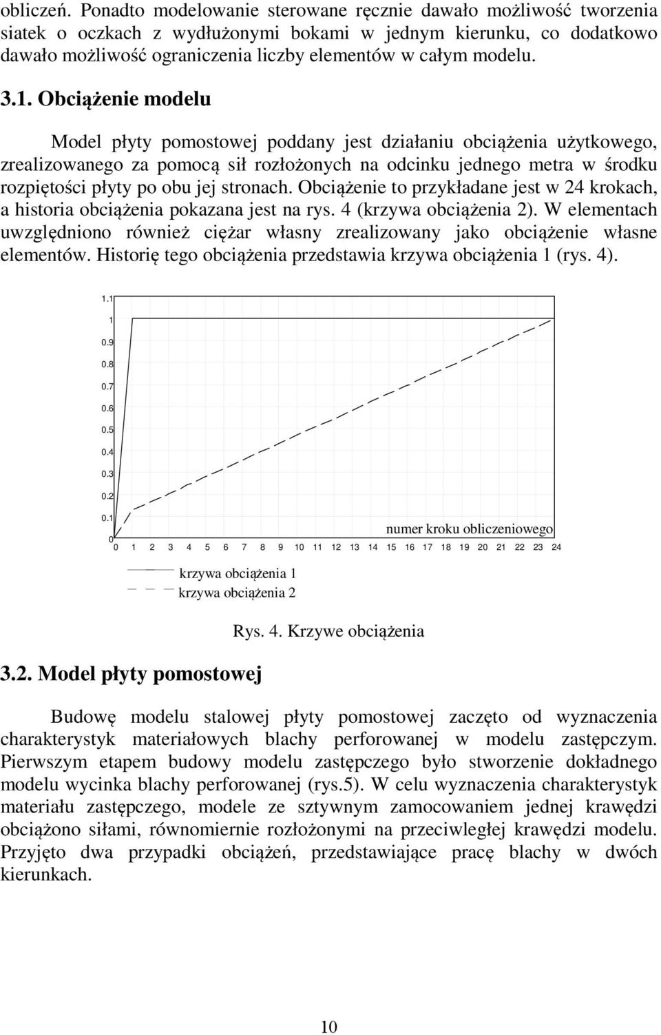 1. Obciążenie modelu Model płyty pomostowej poddany jest działaniu obciążenia użytkowego, zrealizowanego za pomocą sił rozłożonych na odcinku jednego metra w środku rozpiętości płyty po obu jej