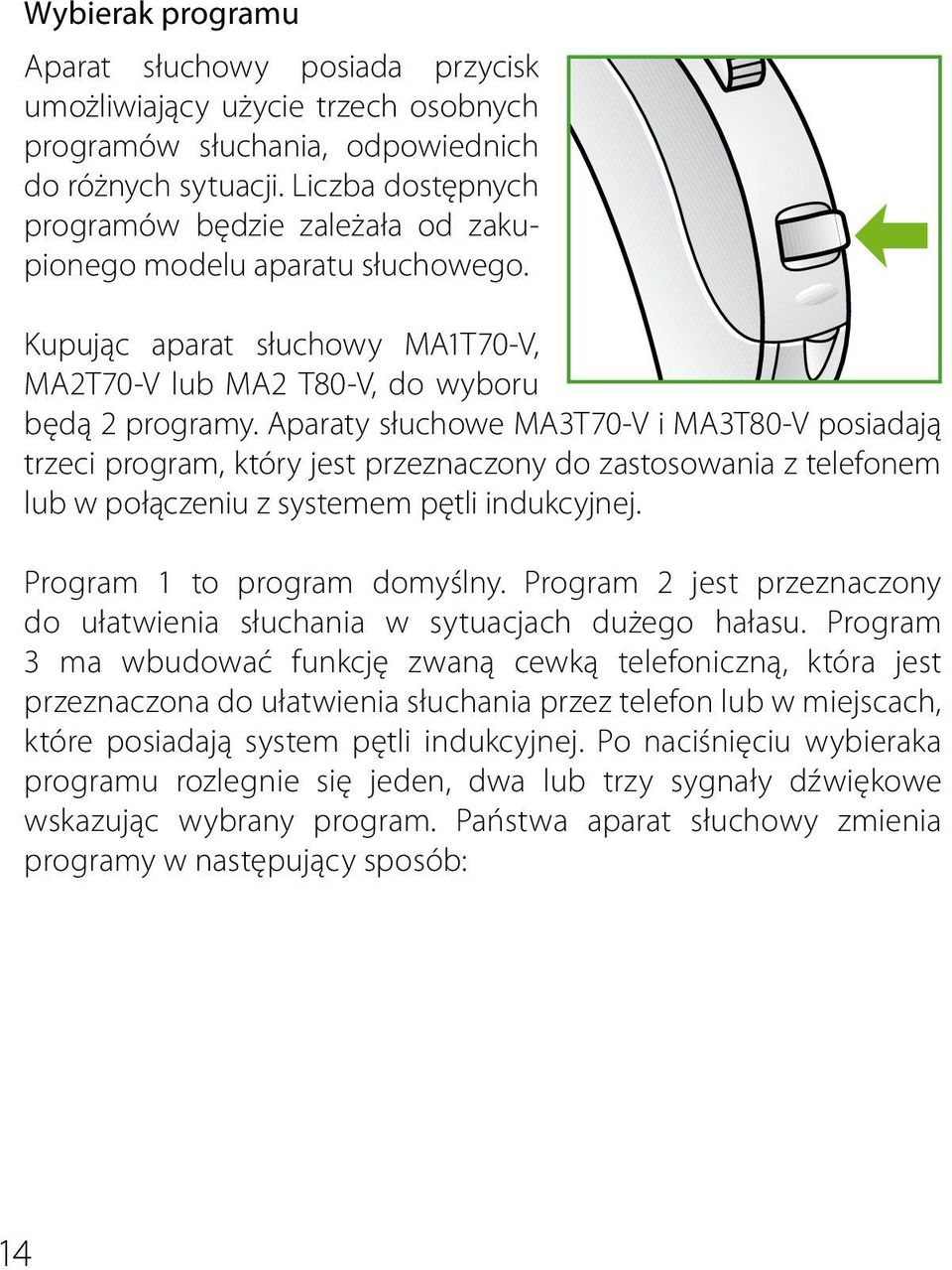 Aparaty słuchowe MA3T70-V i MA3T80-V posiadają trzeci program, który jest przeznaczony do zastosowania z telefonem lub w połączeniu z systemem pętli indukcyjnej. Program 1 to program domyślny.
