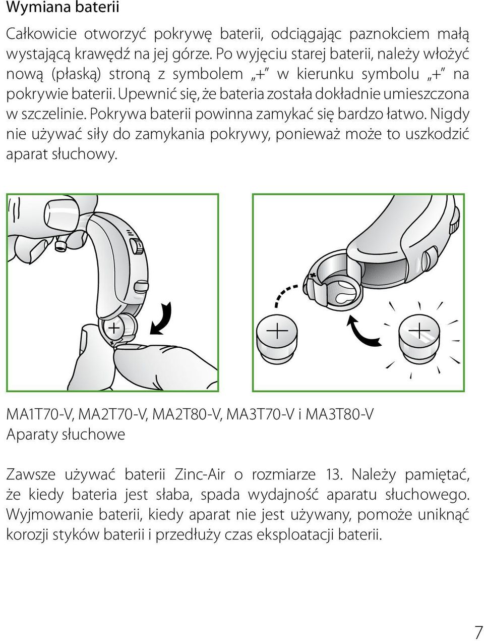 Pokrywa baterii powinna zamykać się bardzo łatwo. Nigdy nie używać siły do zamykania pokrywy, ponieważ może to uszkodzić aparat słuchowy.