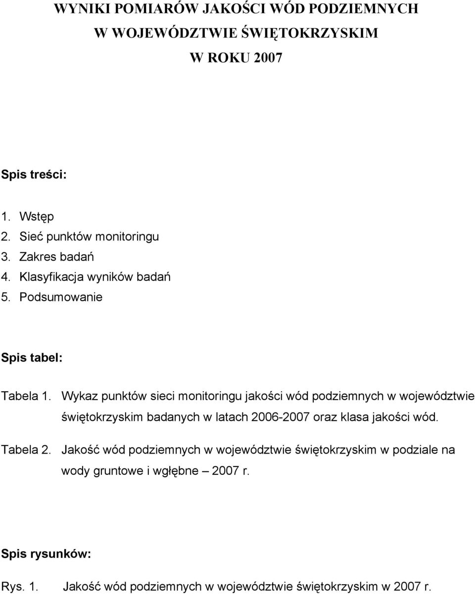 Wykaz punktów sieci monitoringu jakości wód podziemnych w województwie świętokrzyskim badanych w latach 2006-2007 oraz klasa jakości wód.