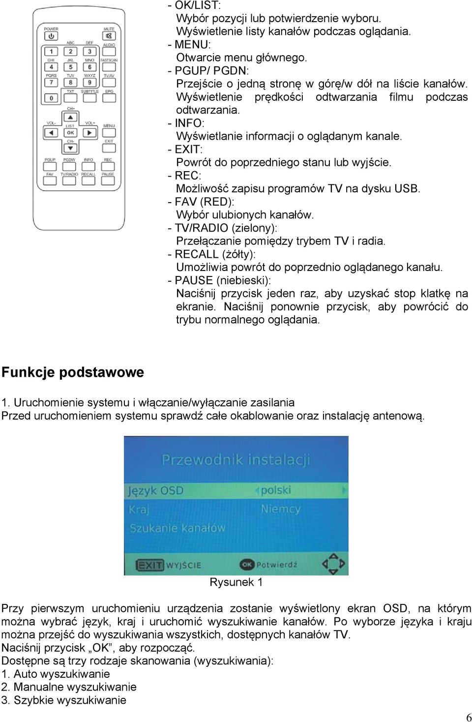 - REC: Możliwość zapisu programów TV na dysku USB. - FAV (RED): Wybór ulubionych kanałów. - TV/RADIO (zielony): Przełączanie pomiędzy trybem TV i radia.