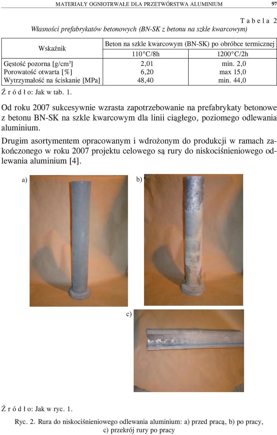 0 C/8h 1200 C/2h 2,01 6,20 48,40 min. 2,0 max 15,0 min. 44,0 Ź r ó d ł o: Jak w tab. 1. Od roku 2007 sukcesywnie wzrasta zapotrzebowanie na prefabrykaty betonowe z betonu BN-SK na szkle kwarcowym dla linii ciągłego, poziomego odlewania aluminium.