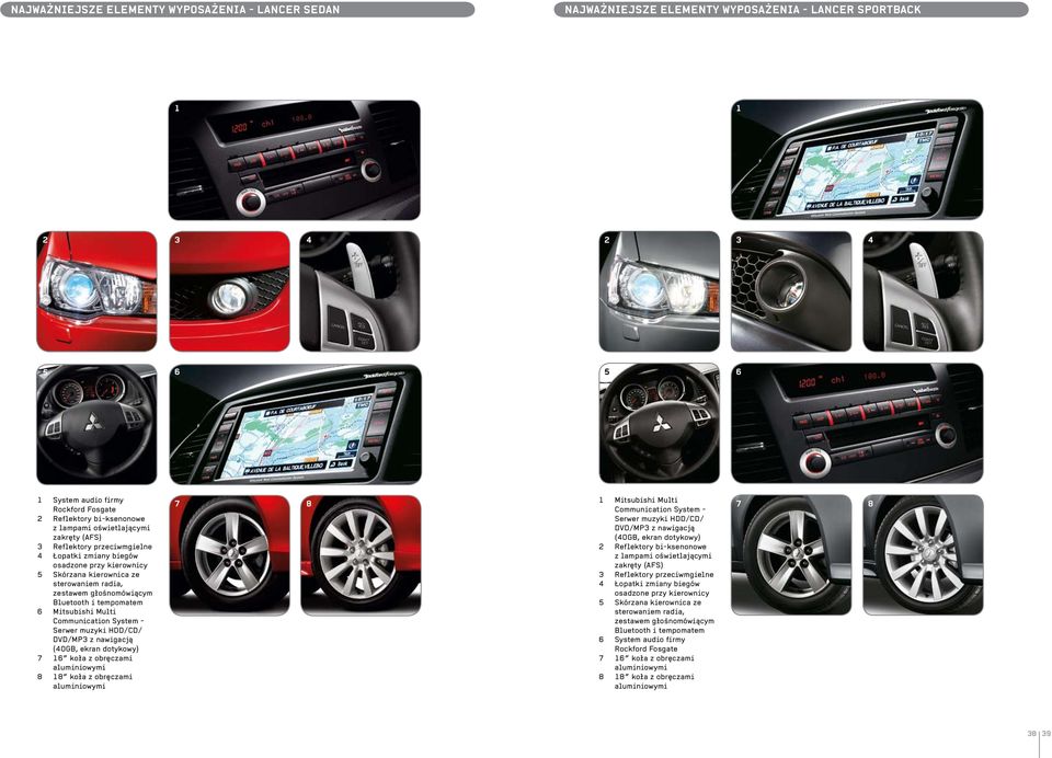 tempomatem 6 Mitsubishi Multi Communication System - Serwer muzyki HDD/CD/ DVD/MP3 z nawigacją (40GB, ekran dotykowy) 7 16 koła z obręczami aluminiowymi 8 18 koła z obręczami aluminiowymi 7 8 1