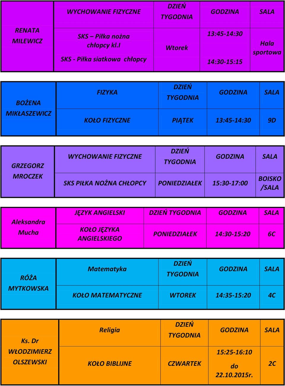 13:45-14:30 9D GRZEGORZ MROCZEK WYCHOWANIE FIZYCZNE SKS PIŁKA NOŻNA CHŁOPCY PONIEDZIAŁEK 15:30-17:00 BOISKO / Aleksandra