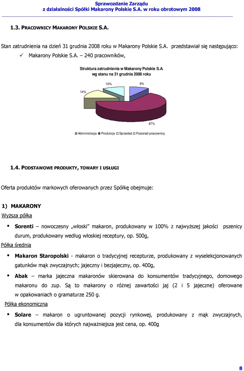 67% Administracja Produkcja SprzedaŜ Pozostali pracownicy 1.4.