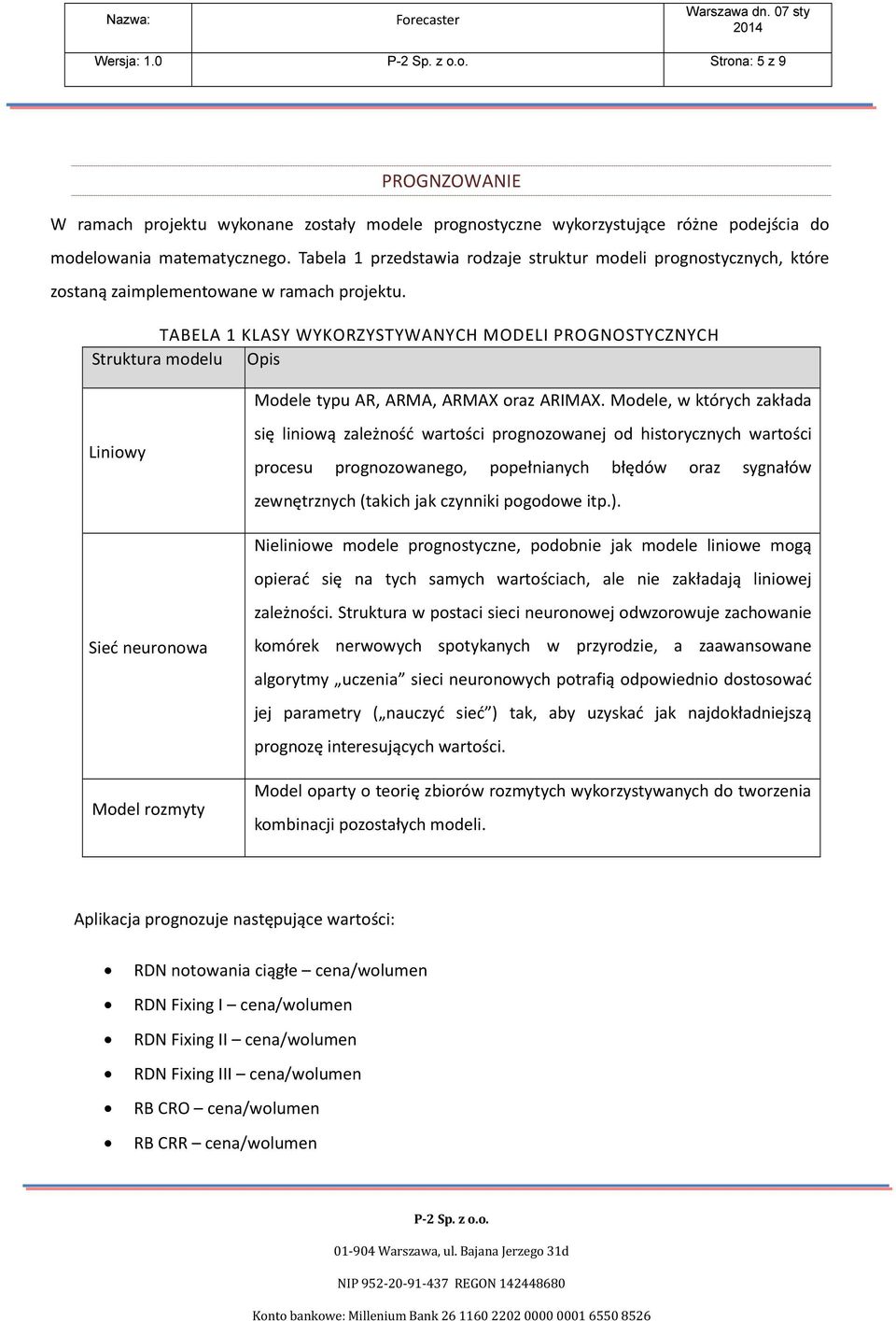 TABELA 1 KLASY WYKORZYSTYWANYCH MODELI PROGNOSTYCZNYCH Struktura modelu O Opis Modele typu AR, ARMA, ARMAX oraz ARIMAX.