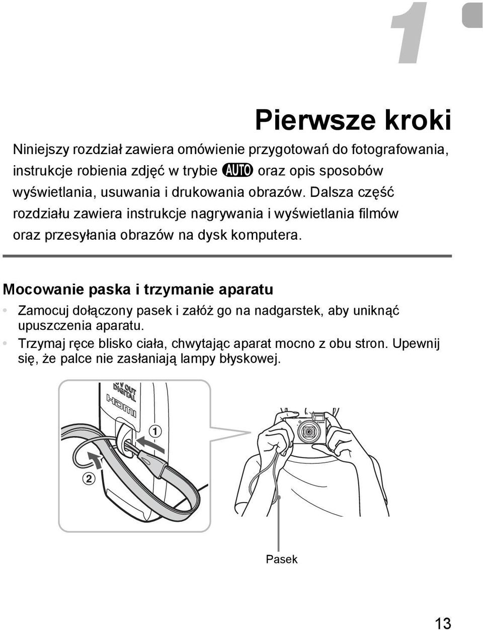 Dalsza część rozdziału zawiera instrukcje nagrywania i wyświetlania filmów oraz przesyłania obrazów na dysk komputera.