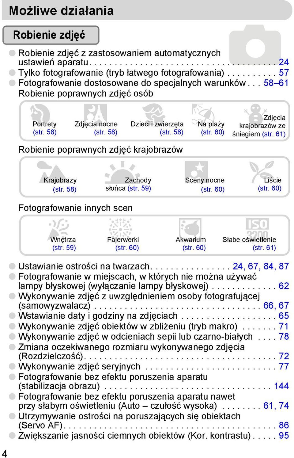 60) Robienie poprawnych zdjęć krajobrazów J Krajobrazy UZachody, Sceny nocne (str. 58) słońca (str. 59) (str. 60) Zdjęcia krajobrazów ze śniegiem (str. 61) O Liście (str.