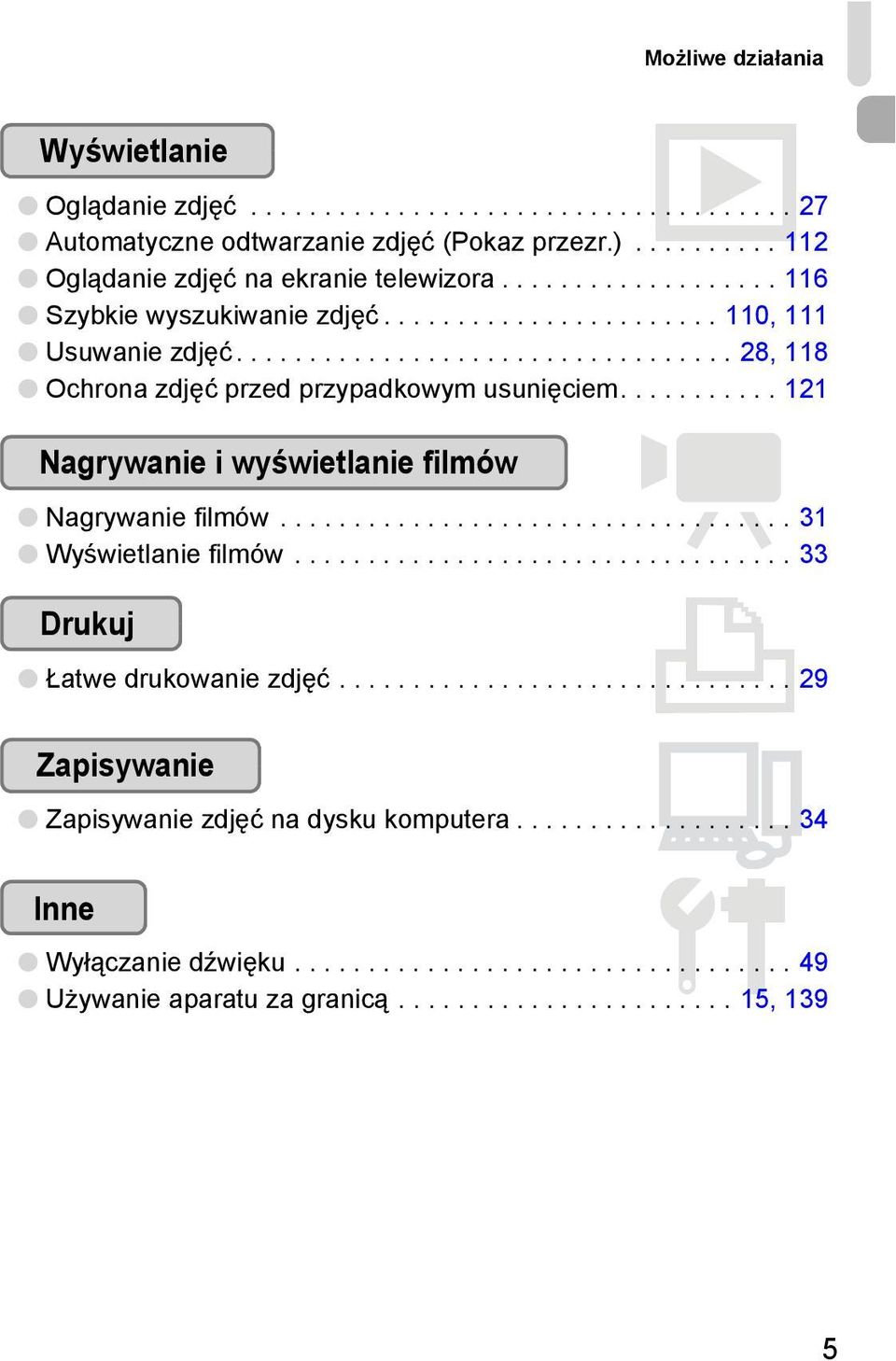 .......... 121 Nagrywanie i wyświetlanie filmów E Nagrywanie filmów................................... 31 Wyświetlanie filmów.................................. 33 Drukuj 2 Łatwe drukowanie zdjęć.