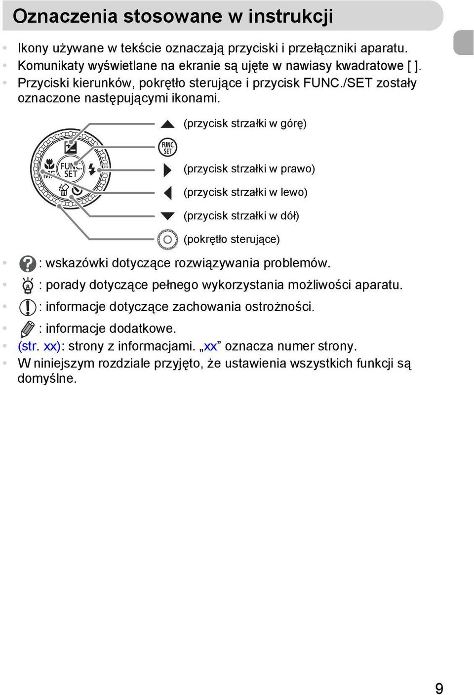 (przycisk strzałki w górę) (przycisk strzałki w prawo) (przycisk strzałki w lewo) (przycisk strzałki w dół) (pokrętło sterujące) : wskazówki dotyczące rozwiązywania problemów.