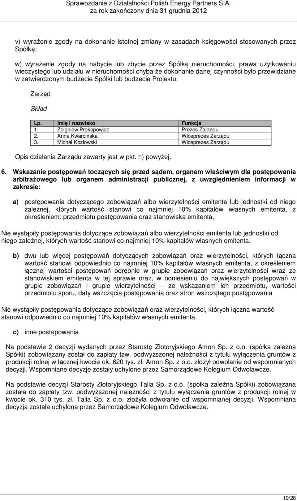 Zbigniew Prokopowicz Prezes Zarządu 2. Anna Kwarcińska Wiceprezes Zarządu 3. Michał Kozłowski Wiceprezes Zarządu Opis działania Zarządu zawarty jest w pkt. h) powyżej. 6.