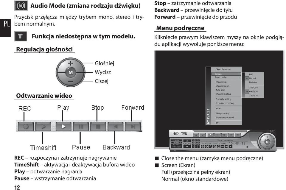 oknie podglądu aplikacji wywołuje poniższe menu: Głośniej Wycisz Ciszej Odtwarzanie wideo REC rozpoczyna i zatrzymuje nagrywanie TimeShift aktywacja i