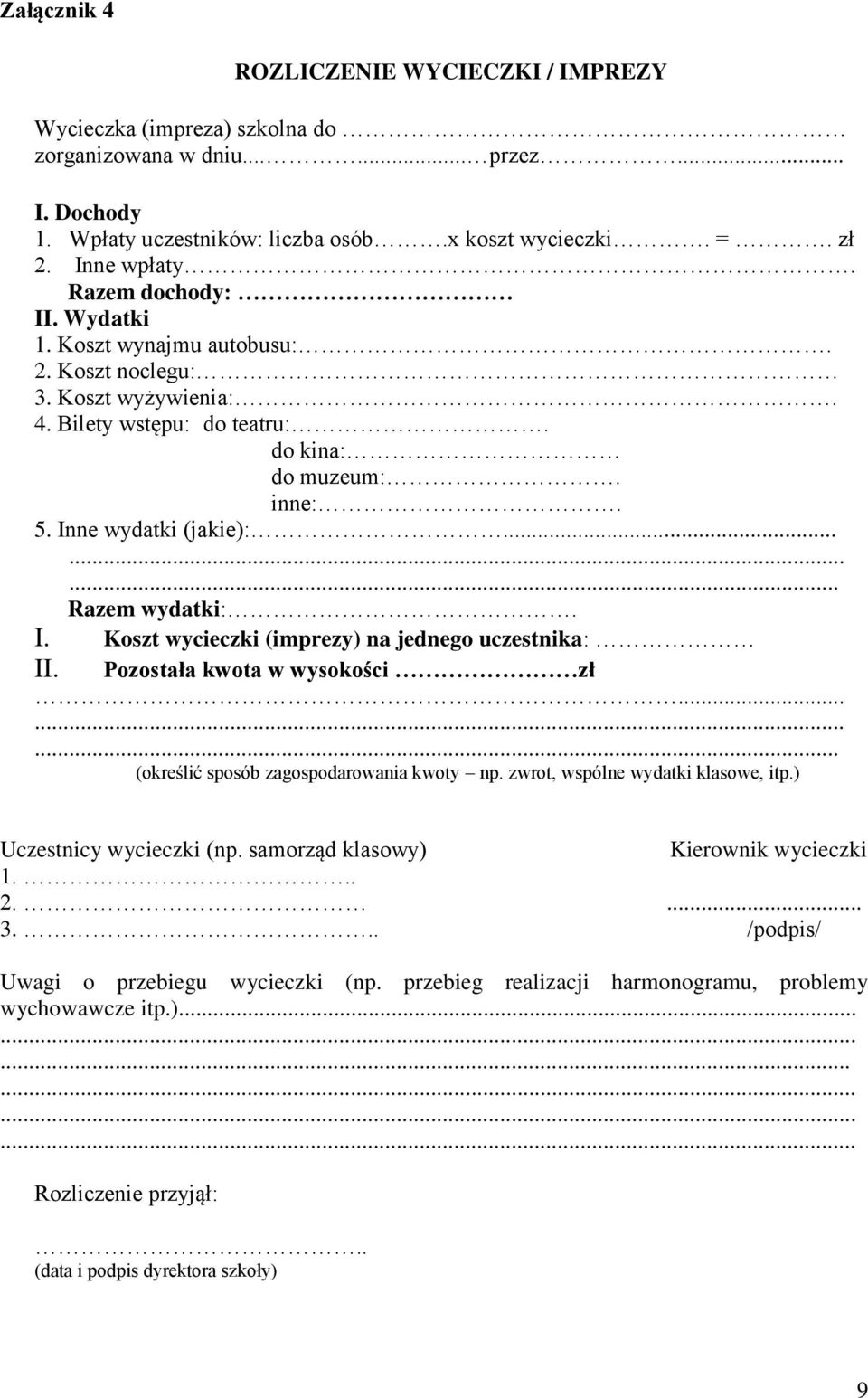 I. Koszt wycieczki (imprezy) na jednego uczestnika: II. Pozostała kwota w wysokości zł......... (określić sposób zagospodarowania kwoty np. zwrot, wspólne wydatki klasowe, itp.