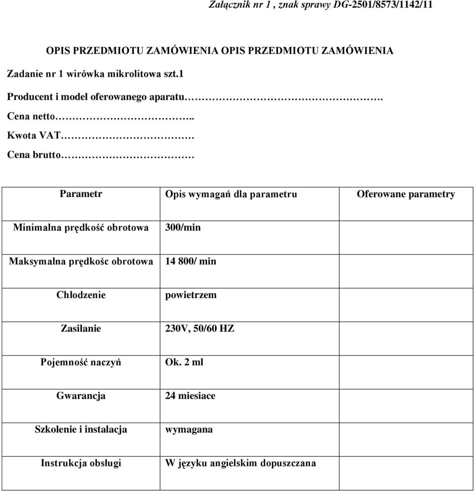 . Kwota VAT Cena brutto Parametr Opis wymagań dla parametru Oferowane parametry Minimalna prędkość obrotowa 300/min Maksymalna