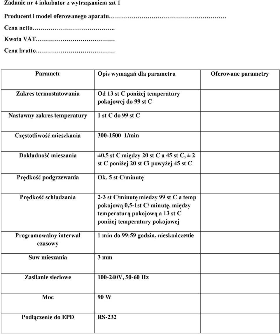 st C Częstotliwość mieszkania 300-1500 1/min Dokładność mieszania ±0,5 st C między 20 st C a 45 st C, ± 2 st C poniżej 20 st Ci powyżej 45 st C Prędkość podgrzewania Ok.