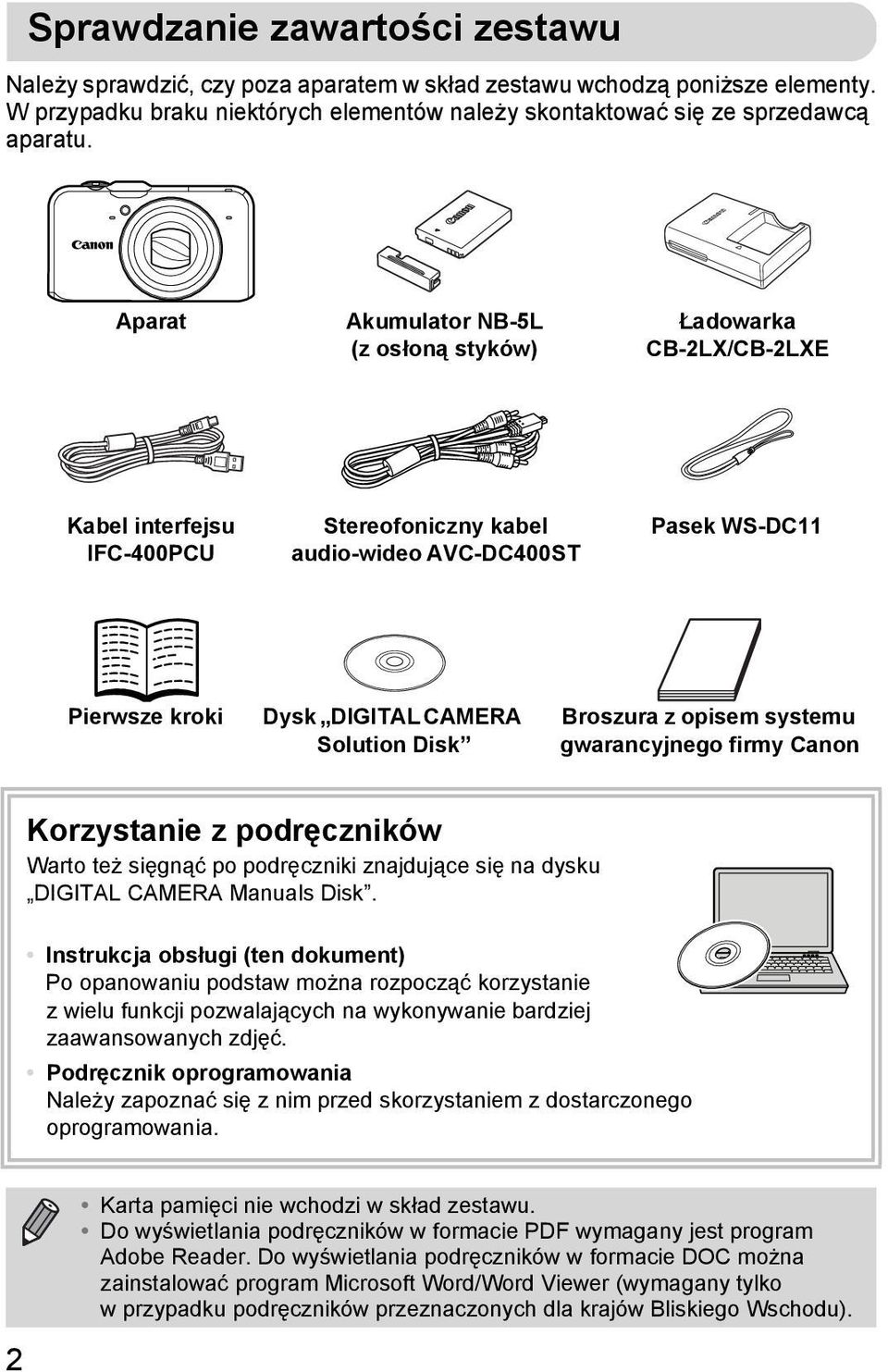 Disk Broszura z opisem systemu gwarancyjnego firmy Canon Korzystanie z podręczników Warto też sięgnąć po podręczniki znajdujące się na dysku DIGITAL CAMERA Manuals Disk.