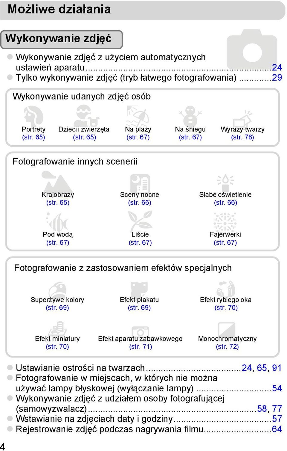 78) Fotografowanie innych scenerii JKrajobrazy (str. 65) S Pod wodą (str. 67) Sceny nocne (str. 66) OLiście (str. 67) Słabe oświetlenie (str. 66) t Fajerwerki (str.