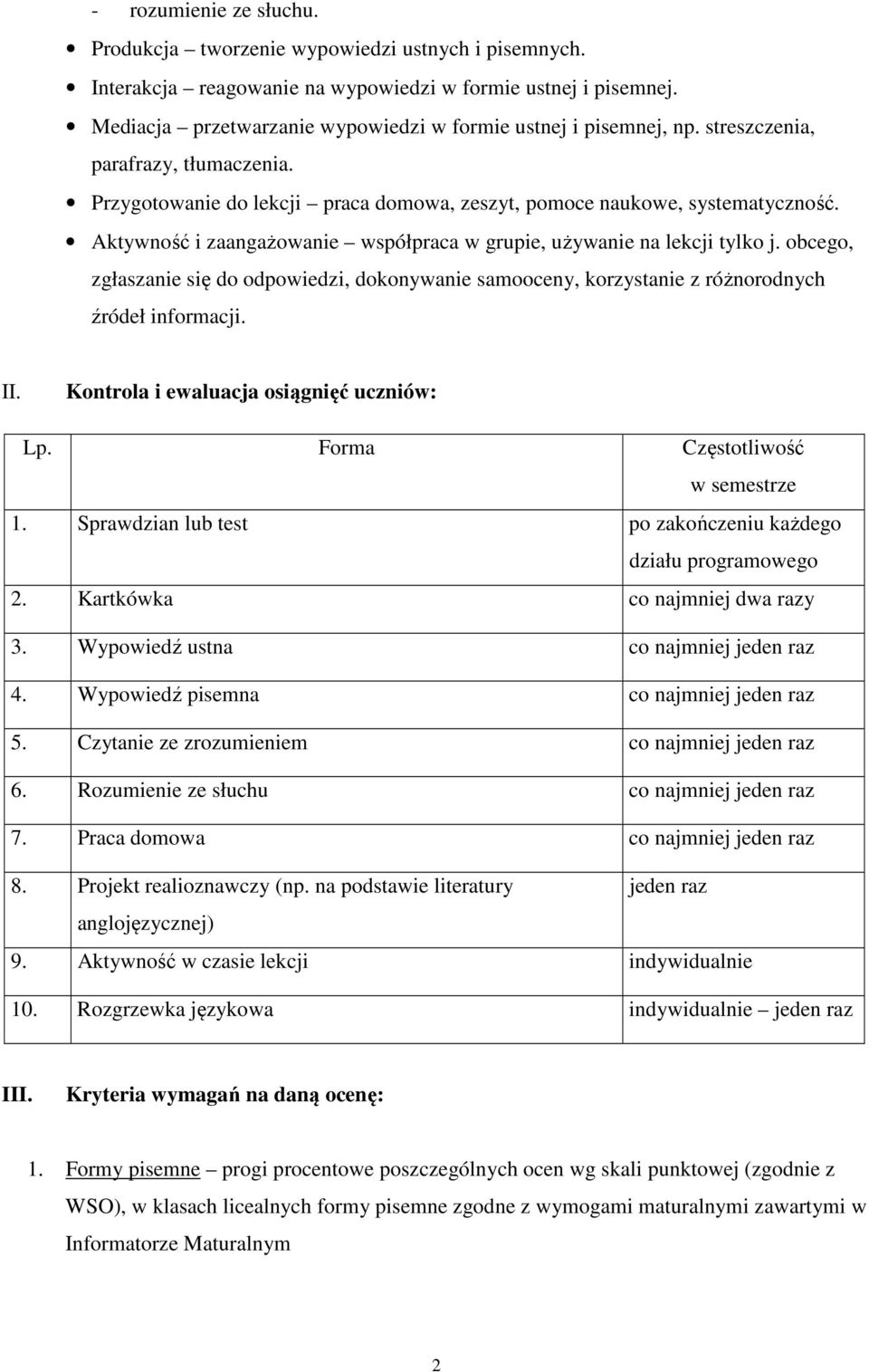 Aktywność i zaangażowanie współpraca w grupie, używanie na lekcji tylko j. obcego, zgłaszanie się do odpowiedzi, dokonywanie samooceny, korzystanie z różnorodnych źródeł informacji. II.