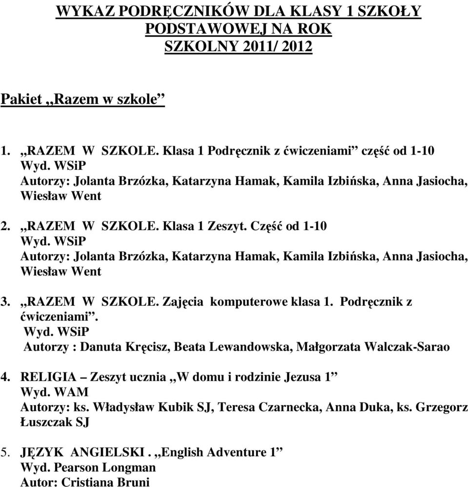 Część od 1-10 Autorzy: Jolanta Brzózka, Katarzyna Hamak, Kamila Izbińska, Anna Jasiocha, Wiesław Went 3.,,RAZEM W SZKOLE. Zajęcia komputerowe klasa 1. Podręcznik z ćwiczeniami.