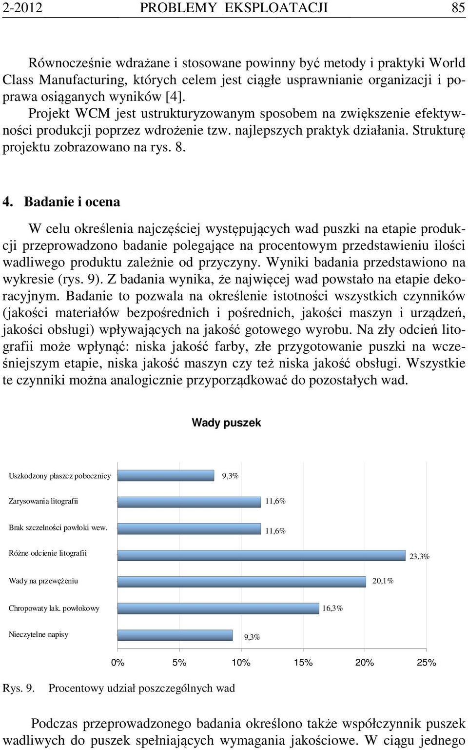 8. 4. Badanie i ocena W celu określenia najczęściej występujących wad puszki na etapie produkcji przeprowadzono badanie polegające na procentowym przedstawieniu ilości wadliwego produktu zależnie od