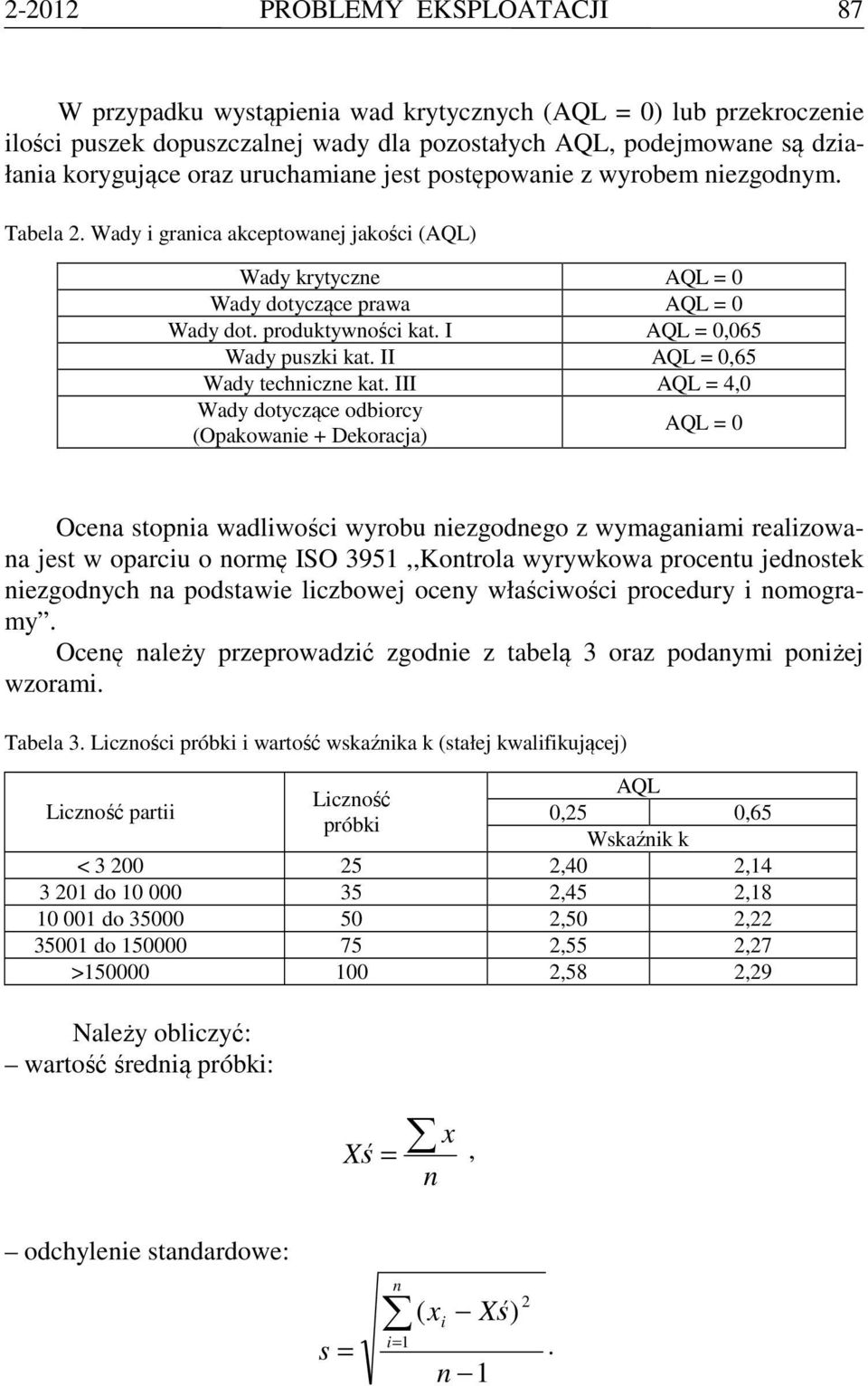 I AQL = 0,065 Wady puszki kat. II AQL = 0,65 Wady techniczne kat.