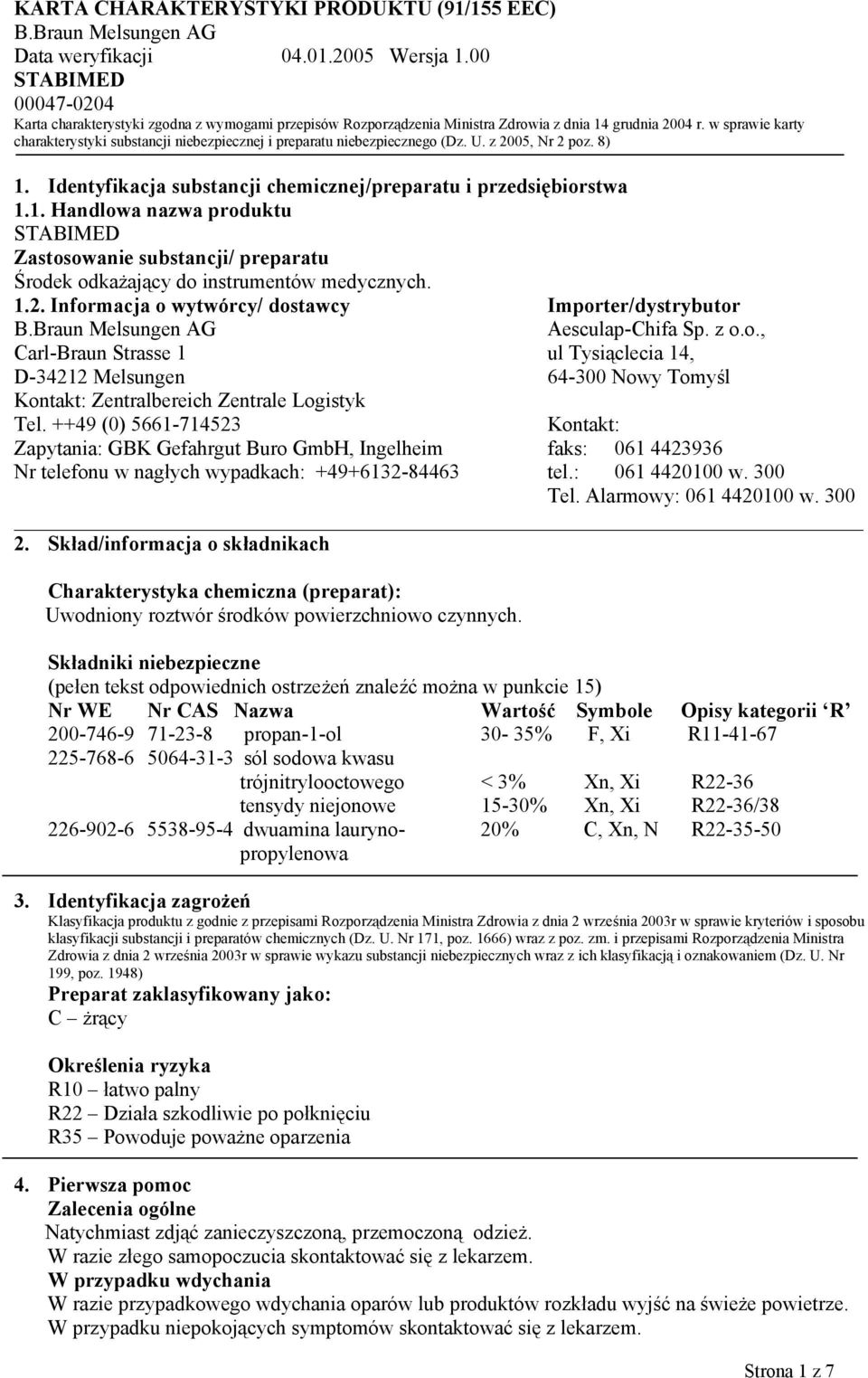 1.2. Informacja o wytwórcy/ dostawcy Importer/dystrybutor Aesculap-Chifa Sp. z o.o., Carl-Braun Strasse 1 ul Tysiąclecia 14, D-34212 Melsungen 64-300 Nowy Tomyśl Kontakt: Zentralbereich Zentrale Logistyk Tel.