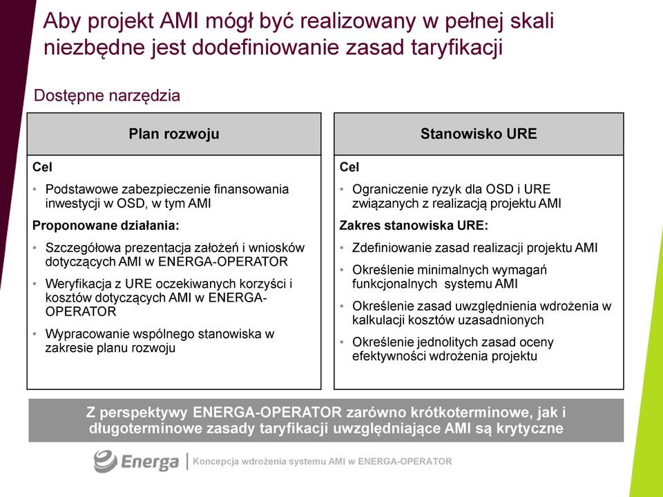 Wypracowanie wspólnego stanowiska w zakresie planu rozwoju Cel Stanowisko URE Ograniczenie ryzyk dla OSD i URE związanych z realizacją projektu AMI Zakres stanowiska URE: Zdefiniowanie zasad