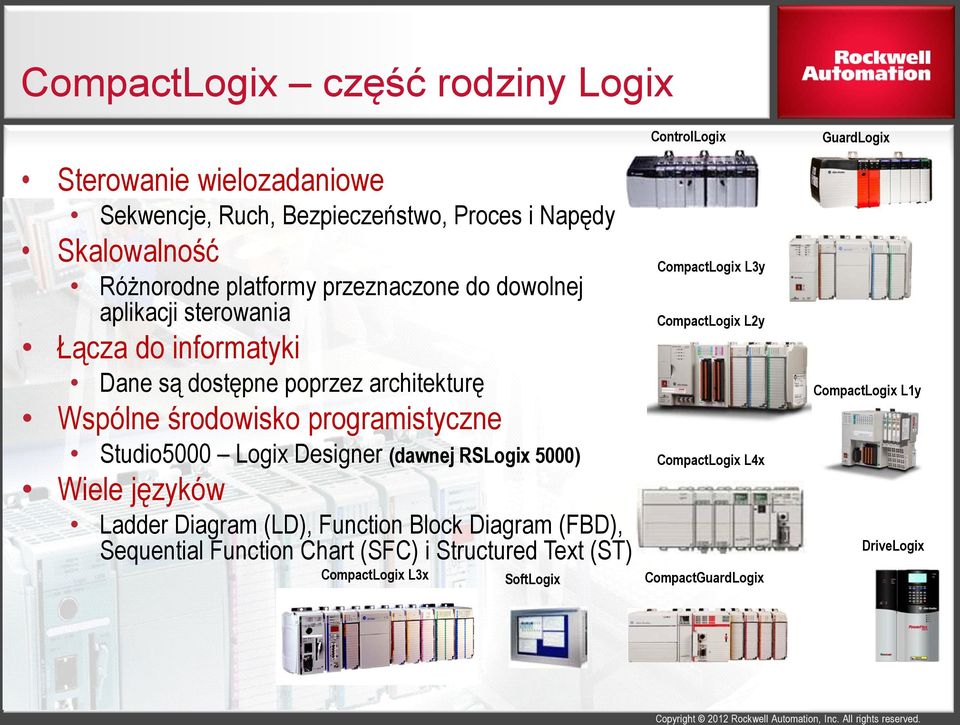 Studio5000 Logix Designer (dawnej RSLogix 5000) Wiele języków Ladder Diagram (LD), Function Block Diagram (FBD), Sequential Function Chart (SFC) i