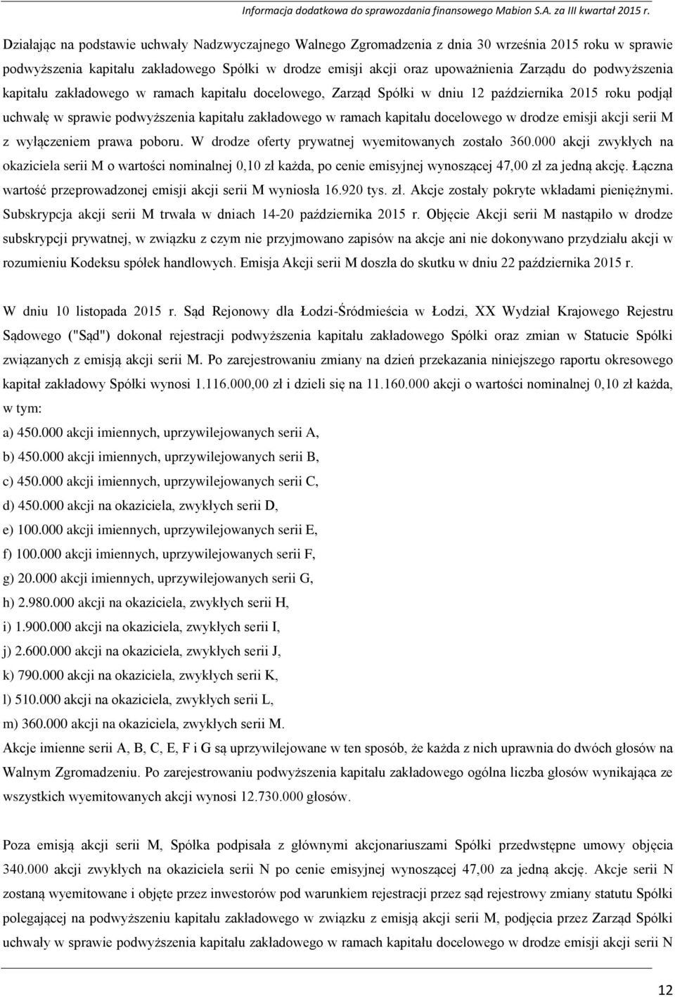 w drodze emisji akcji serii M z wyłączeniem prawa poboru. W drodze oferty prywatnej wyemitowanych zostało 360.