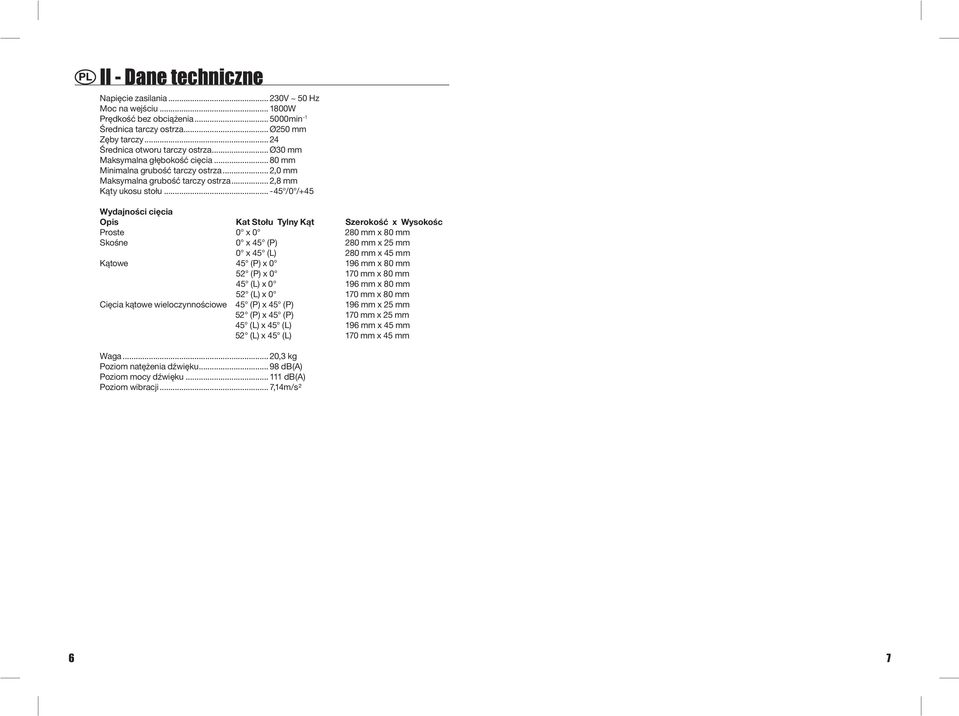 .. -45 /0 /+45 Wydajności cięcia Opis Kat Stołu Tylny Kąt Szerokość x Wysokośc Proste 0 x 0 280 mm x 80 mm Skośne 0 x 45 (P) 280 mm x 25 mm 0 x 45 (L) 280 mm x 45 mm Kątowe 45 (P) x 0 196 mm x 80 mm
