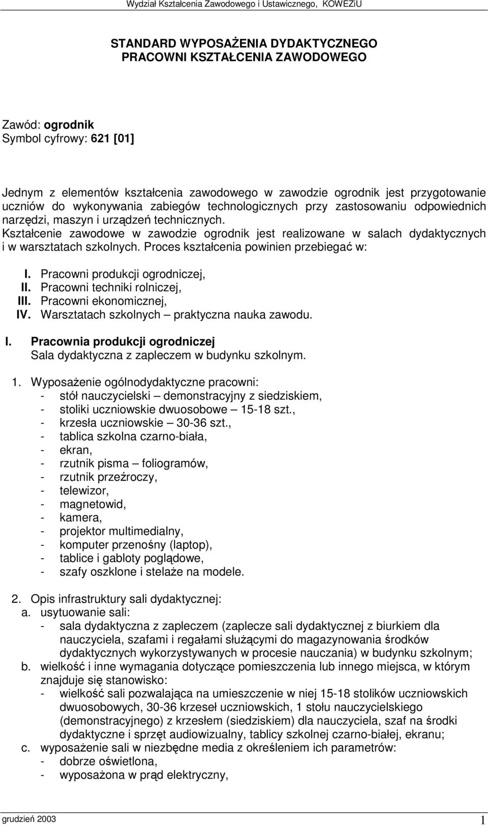 Kształcenie zawodowe w zawodzie ogrodnik jest realizowane w salach dydaktycznych i w warsztatach szkolnych. Proces kształcenia powinien przebiega w: I. Pracowni produkcji ogrodniczej, II.