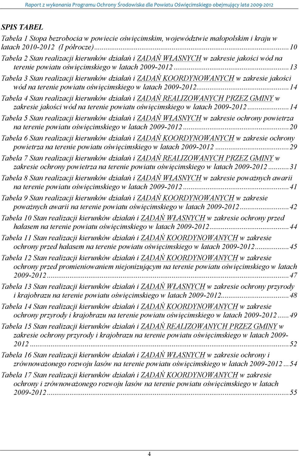 .. 13 Tabela 3 Stan kierunków działań i ZADAŃ KOORDYNOWANYCH w zakresie jakości wód na terenie powiatu oświęcimskiego w latach 2009-2012.