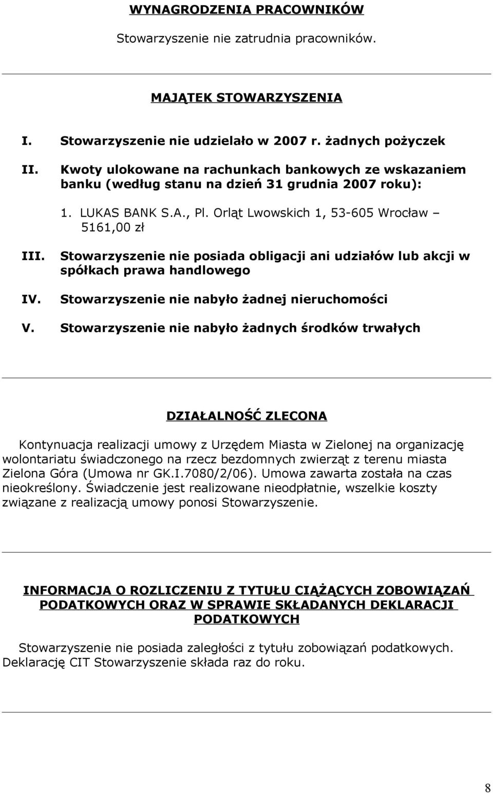 Stowarzyszenie nie posiada obligacji ani udziałów lub akcji w spółkach prawa handlowego Stowarzyszenie nie nabyło żadnej nieruchomości V.