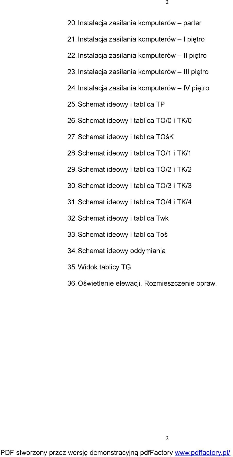 Schemat ideowy i tablica TOśK 28. Schemat ideowy i tablica TO/1 i TK/1 29. Schemat ideowy i tablica TO/2 i TK/2 30. Schemat ideowy i tablica TO/3 i TK/3 31.