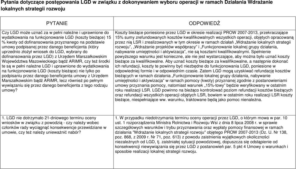 dofinansowania przez LGD) z Urzędem Marszałkowskim Województwa Mazowieckiego bądź ARiMR, czy też środki te są w pełni należne LGD i uprawnione do wydatkowania na funkcjonowanie LGD (koszty bieżące)