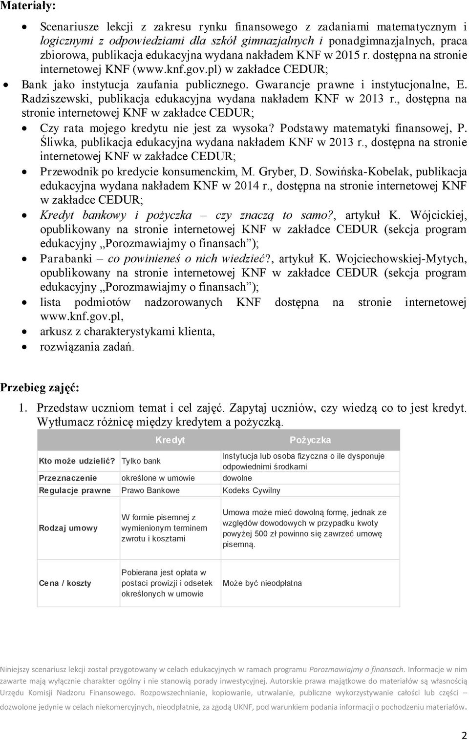 Radziszewski, publikacja edukacyjna wydana nakładem KNF w 2013 r., dostępna na stronie internetowej KNF w zakładce CEDUR; Czy rata mojego kredytu nie jest za wysoka? Podstawy matematyki finansowej, P.