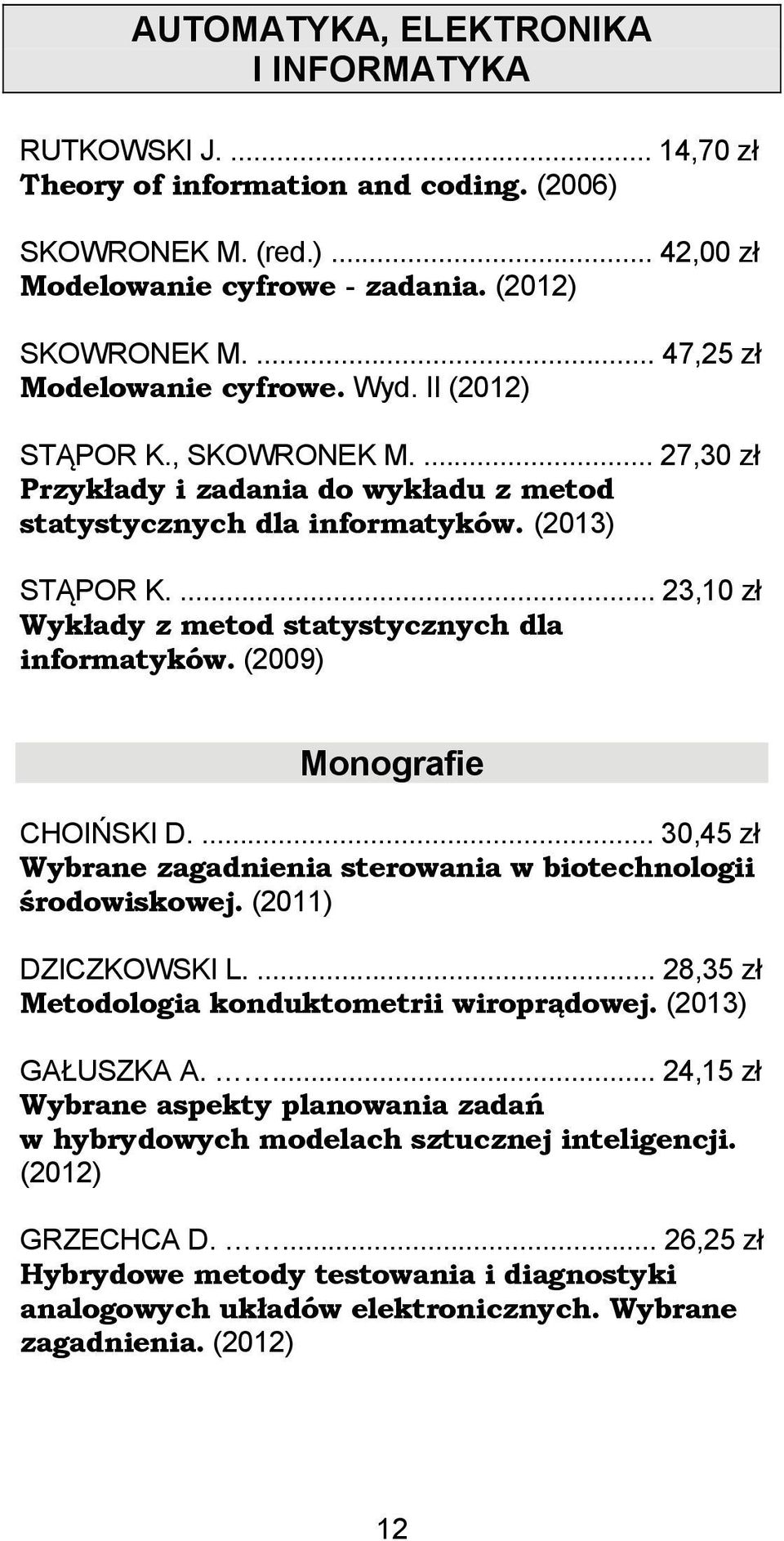 ... 23,10 zł Wykłady z metod statystycznych dla informatyków. (2009) Monografie CHOIŃSKI D.... 30,45 zł Wybrane zagadnienia sterowania w biotechnologii środowiskowej. (2011) DZICZKOWSKI L.